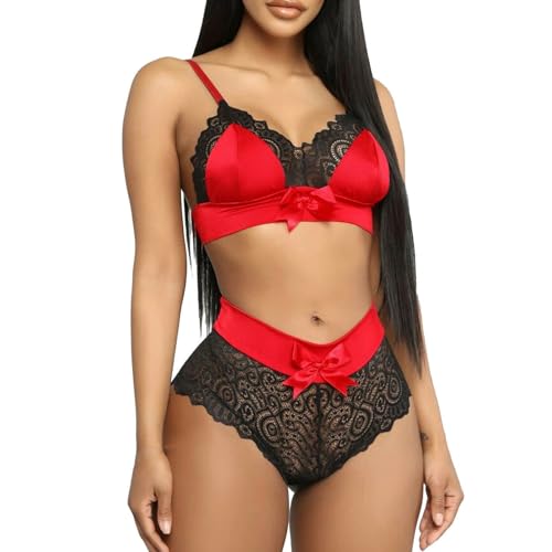 NewBull Damen Strapsen Dessous-Sets Sexy Spitze Satin Spleißen Reizwäsche Outfit V-Ausschnitt Verstellbarer BH + Hohe Taille Slip Zweiteilig Babydoll Unterwäsche mit Schleife (Rot, M) von NewBull