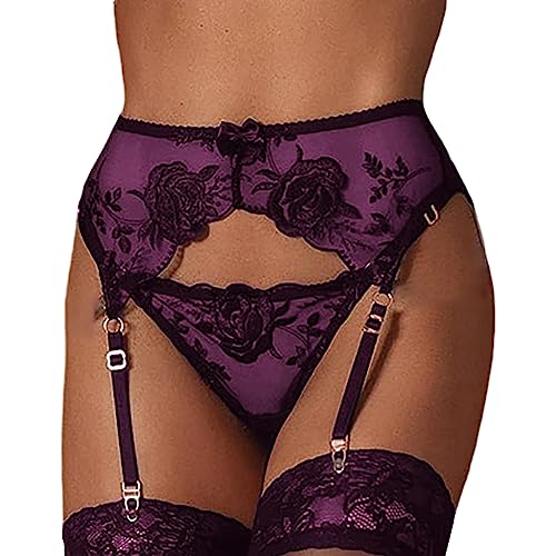 NewBull Damen Strapsgürtel Spitze Strumpfhalter Strapsen Slips Dessous Set Strumpfband Hosenträger Hüfthalter (Lila) von NewBull