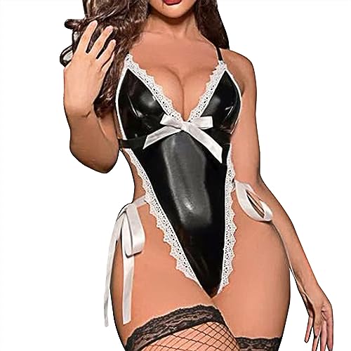 NewBull Damen Wetlook Jumpsuit Sexy Lackleder Bodysuit Tief V-Ausschnitt Einteiliges Bodysuit Women Schleifendekoration Sexy Overall Auslackleder Glänzendes Leder-Look Reizwäsche (L) von NewBull