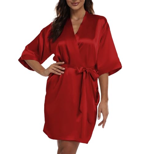 NewBull Sexy Bademantel Damen Lange Ärmel Kurz Morgenmantel Einfarbig Satin Babydoll Kimono Dessous V-Ausschnitt Nachthemd mit Gürtel Klassisch Lose Negligee Loungewear (Rotwein) von NewBull