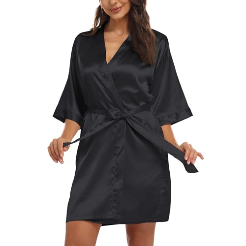 NewBull Sexy Bademantel Damen Lange Ärmel Kurz Morgenmantel Einfarbig Satin Babydoll Kimono Dessous V-Ausschnitt Nachthemd mit Gürtel Klassisch Lose Negligee Loungewear (Schwarz) von NewBull