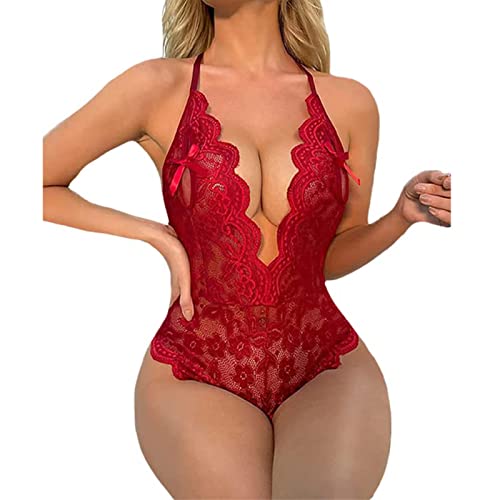 NewBull Sexy Body Damen Dessous Spitzen Babydoll Bodysuit Neckholder Unterwäsche Tiefer V-Ausschnitt Reizwäsche Diamant Rückenfrei Lingerie One Piece Teddy Shapewear von NewBull