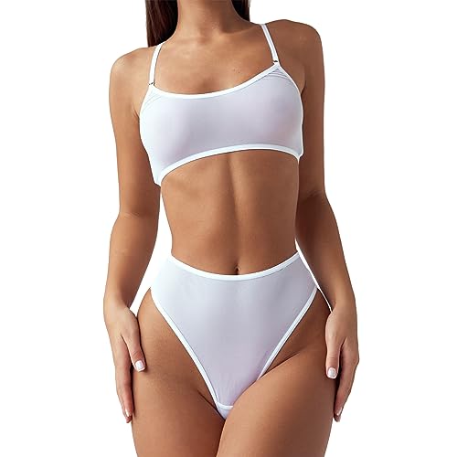 NewBull Sexy Unterwäsche Set für Damen Einfach Chiffon Transparent Dessous Outfit Kabelloser Hosenträger BH und Hoher Taille Höschen mit Beinring Dreiteilig Negligee für Frauen (Weiß, L für L/XL) von NewBull