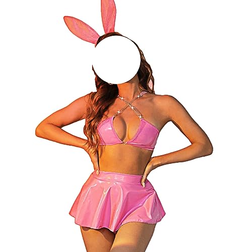 NewBull Unterwäsche-Set für Damen Korsett mit gekreuzten Trägern Leder-glänzendes Glänzendes PU-Material Sexy Unterwäsche-Set Babydoll Unterwäsche Frauen Sexy Set (Rosa) von NewBull