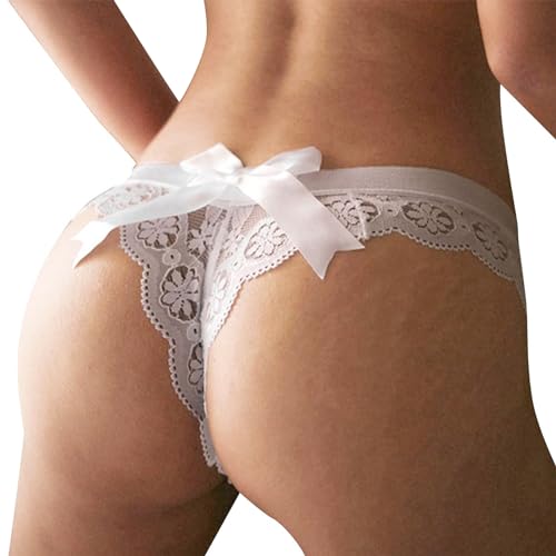 Tanga Damen Sexy Spitze Dessous Tüll Mesh Transparent Babydoll Slip Klassisch Niedrige Taille Unterwäsche mit Schleife Bikini String Frauen (DE/NL/SE/PL, Alphanumerisch, M, Regular, Regular, Weiß) von NewBull