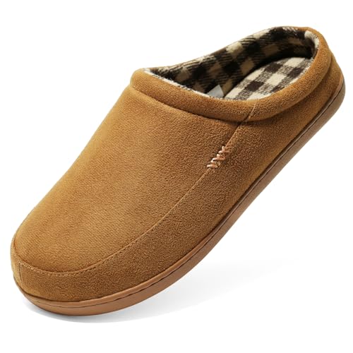 NewDenBer Hausschuhe Herren Memory Foam Winter Bequeme Weiche Kariert Gefüttert Warme Pantoffeln (41/42 EU, Braun Tan) von NewDenBer