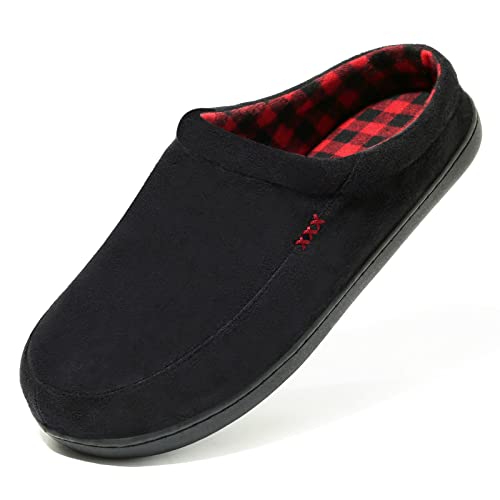 NewDenBer Hausschuhe Herren Memory Foam Winter Bequeme Weiche Kariert Gefüttert Warme Pantoffeln (41/42 EU, Schwarz Rot) von NewDenBer