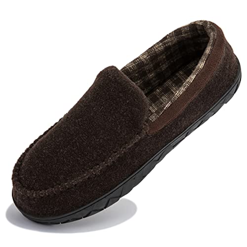 NewDenBer Hausschuhe Herren Mokassin Memory Foam Winter Bequeme Weiche Kariert Gefüttert Rutschfeste Warme Pantoffeln (44 EU, Dunkelbraun) von NewDenBer