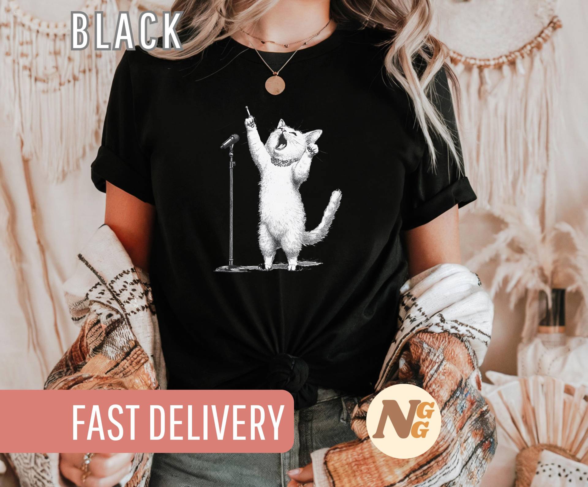 Boho Singende Katze Shirt Für Frauen, Lustiges Tiergrafik T-Shirt, Verspieltes Katzenliebhaber Design, Vintage Ästhetik, Geschenk Musiker von NewGraphicGear