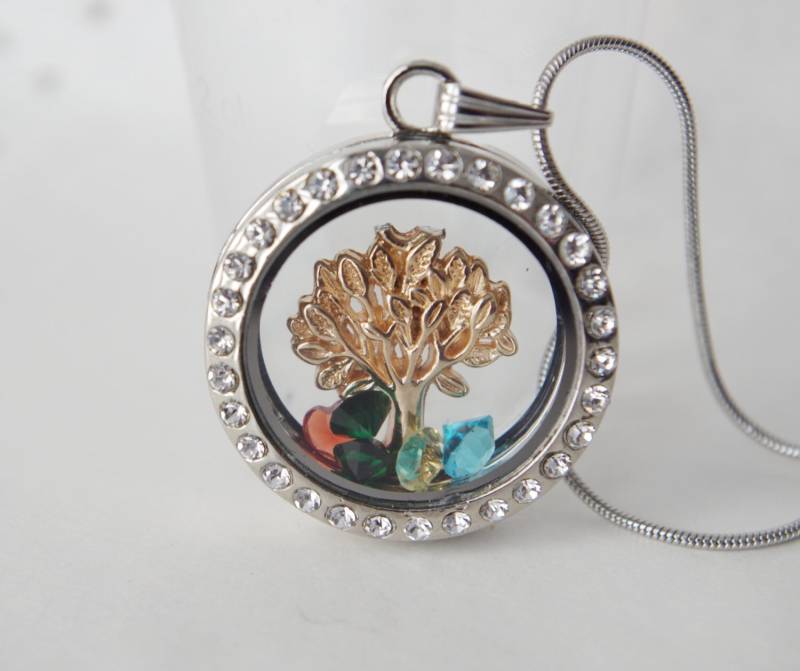 Baum Des Lebens Medaillon Halskette Strass Floating Charm, Personalisierte Geburtssteine von NewJewelleryStory