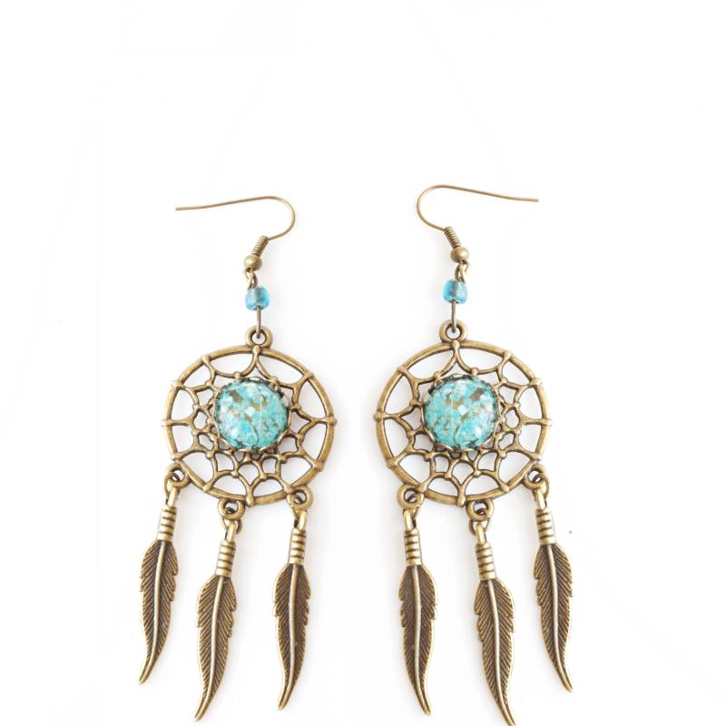 Bronze Traumfänger Ohrringe Türkisfarbene Blume, Feder Boho Schmuck von NewJewelleryStory