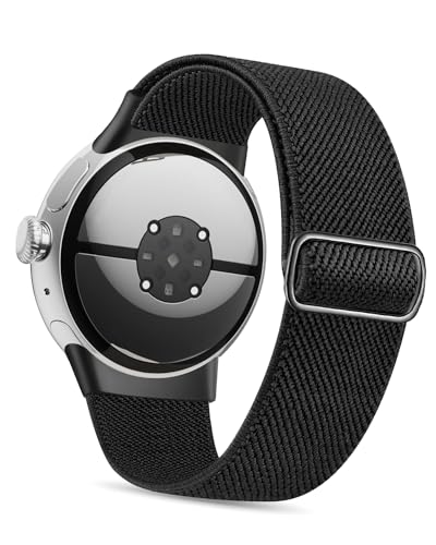 Kompatibel mit Google Pixel Watch 2 Armband/Pixel Watch Armband, verstellbares elastisches geflochtenes Nylon-Armband Sport Loop Riemen für Frauen Männer (Schwarz) von NewJourney