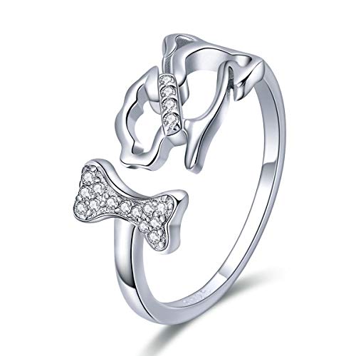 Dog's Company Fingerring aus 925er-Sterlingsilber, Tiermotiv und Knochen, für Frauen, verstellbare Größe, Schmuck aus Sterlingsilber von NewL