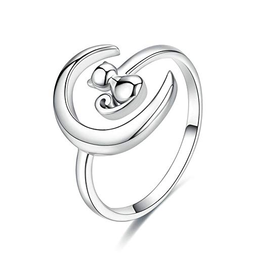 Fingerring aus echtem 925er-Sterlingsilber mit Mond- und Katzen-Motiv, offen, größenverstellbar, für Frauen, Hochzeit, Verlobung, Schmuck von NewL