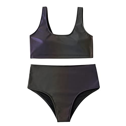 NewL 2 Stück Regenbogen Reflektierende Damen Glänzend Holografische Rundhals Bikini Sets Rave Festival Badeanzug, grau, L von NewL