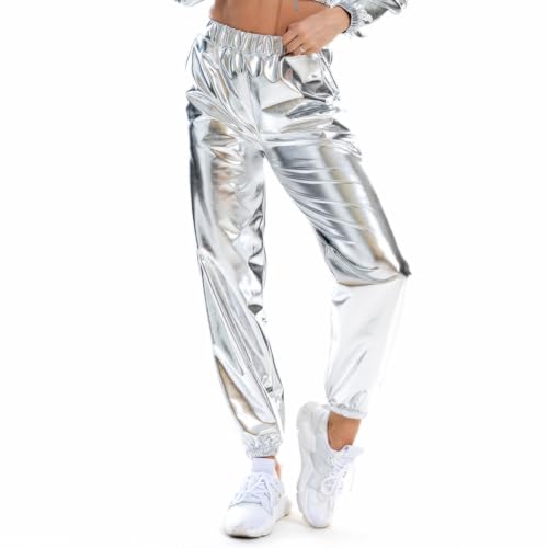 NewL Damen-Jogginghose, metallisch, glänzend, lässig, holografische Farbe, Streetwear-Hose, Hip-Hop-Mode, glatt, elastisch, Glänzendes Silber, M von NewL
