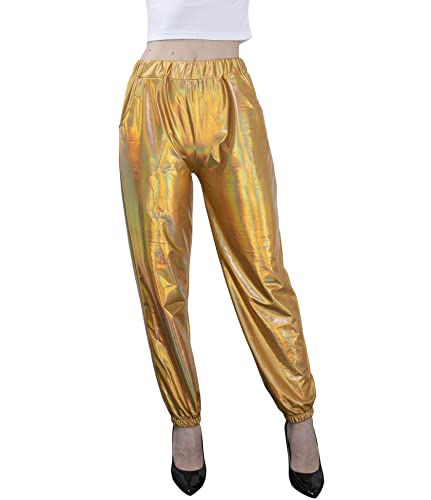 NewL Damen Metallic Glänzend Jogger Casual Holographische Farbe Streetwear Hose Hip Hop Mode Glatte Elastische Hose, Gold, XL von NewL