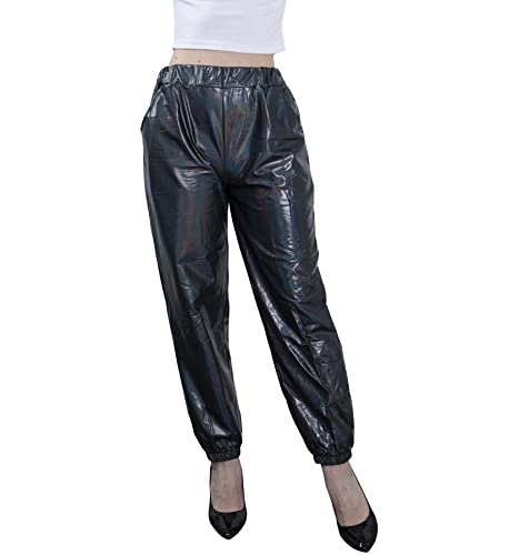 NewL Damen Metallic Glänzend Jogger Casual Holographische Farbe Streetwear Hose Hip Hop Mode Glatte Elastische Hose, Schwarz, L von NewL