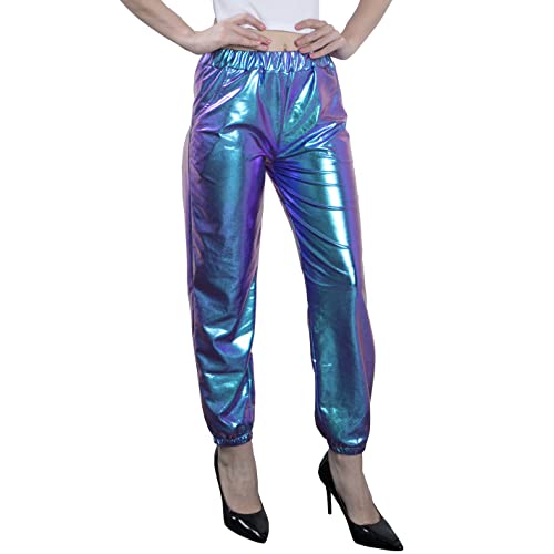 NewL Damen Metallic Glänzend Jogger Casual Holographische Farbe Streetwear Hose Hip Hop Mode Glatte Elastische Hose, blau, L von NewL