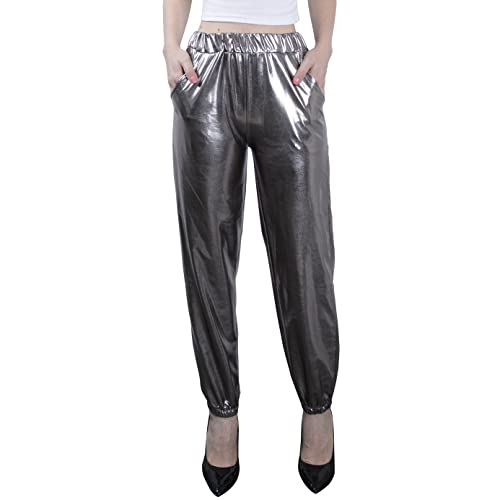 NewL Damen Metallic Glänzend Jogger Casual Holographische Farbe Streetwear Hose Hip Hop Mode Glatte Elastische Hose, grau, M von NewL