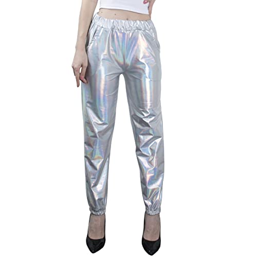 NewL Damen Metallic Glänzend Jogger Casual Holographische Farbe Streetwear Hose Hip Hop Mode Glatte Elastische Hose, Silber, L von NewL