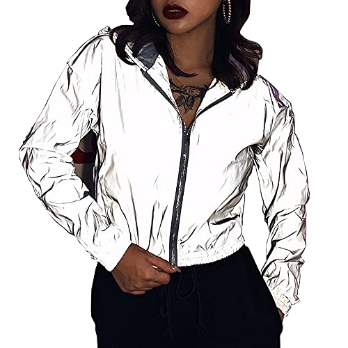 NewL Damen Reflektierender Kapuzenpullover Reißverschluss Kapuze Windbreaker Jacke Langarm, grau, 46 von NewL