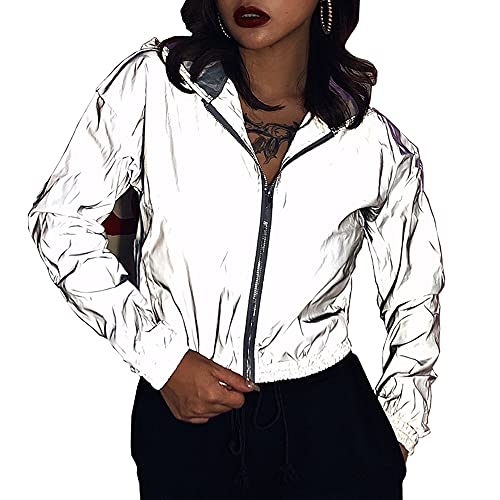 NewL Damen Reflektierender Kapuzenpullover Reißverschluss Kapuze Windbreaker Jacke Langarm, grau, 48 von NewL