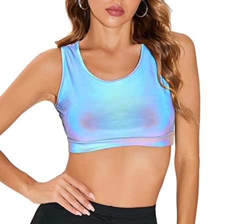 NewL Frauen Regenbogen Reflektierendes Crop Top Sexy Glänzend Holografisches Cami Tank Top Rave Dance Weste Top Party Clubwear Festival Kleidung, Regenbogen reflektierend, Large von NewL