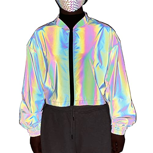 NewL Reflektierende Damen-Jacke, Regenbogen, kurz, winddicht, mit Reißverschluss, hohe Sichtbarkeit, Rave, Festival, Outfits, holografisch, grau, S von NewL