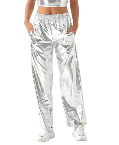 NewL Glänzende Hip-Hop-Hose für Damen, metallischer Wetlook, weites Bein, Retro, Disco, Hippie, Club, gerades Bein, Streetwear, silber, S von NewL