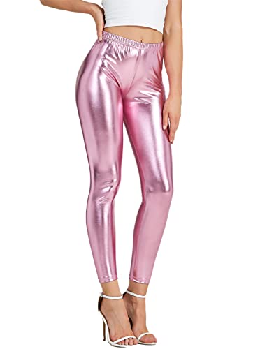 NewL Glänzende Metallic-Sport-Leggings für Damen, helle Bleistifthose, Fitness-Mode, Jeggings, Bonbonfarben, Rose, XL von NewL