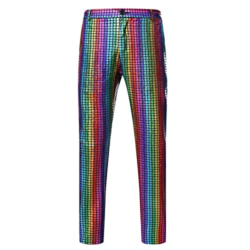 NewL Glänzende Regenbogen Paillettenhosen Männer Nachtclub Prom Tänzer Sänger Punk Rock Hosen Herren Festival Weihnachten Party Bühne Hose, Regenbogen, L von NewL