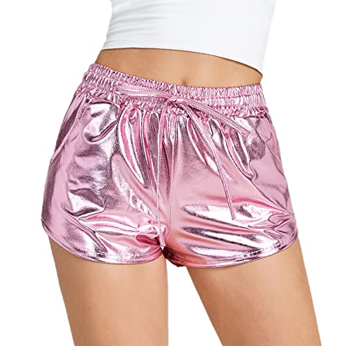 NewL Glänzende metallische sexy Shorts für Damen, hohe Taille, reflektierende Hose, glitzernd, elastische Taille, Rave-Tanzparty, Rose, XL von NewL