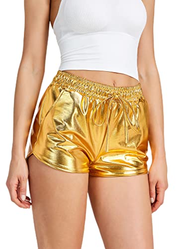 NewL Glänzende metallische sexy Shorts für Damen, hohe Taille, reflektierende Hose, glitzernd, elastische Taille, Rave-Tanzparty, gold, L von NewL