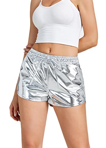 NewL Glänzende Metallic Sexy Shorts Frauen Hohe Taille Reflektierende Hosen Sparkly Outfit Elastische Taille Rave Dance Party, silber, XL von NewL