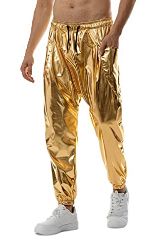 NewL Gold Silber Metallic Glänzende Jogginghose Männliche Party Nachtclub DJ Rock Hip Hop Hose Fashion Fit Straight Leg Hose, Gold, L von NewL