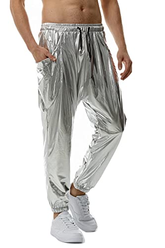 NewL Gold Silber Metallic Glänzende Jogginghose Männliche Party Nachtclub DJ Rock Hip Hop Hose Fashion Fit Straight Leg Hose, Silber, L von NewL