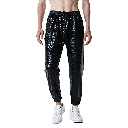 NewL Herren-Jogginghose, glänzend, silberfarben, metallisch, Hip-Hop-Hose, Nachtclub, Party, Festival, Abschlussball, Streetwear, Schwarz , 27-32 von NewL