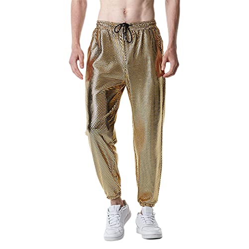 NewL Herren-Jogginghose, glänzend, silberfarben, metallisch, Hip-Hop-Hose, Nachtclub, Party, Festival, Abschlussball, Streetwear, gold, 27-32 von NewL