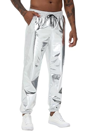NewL Herren Metallisch Glänzend Rave Nacht Club Hose Komfort Jogginghose Disco Tanz Party Elastische Hose, M von NewL