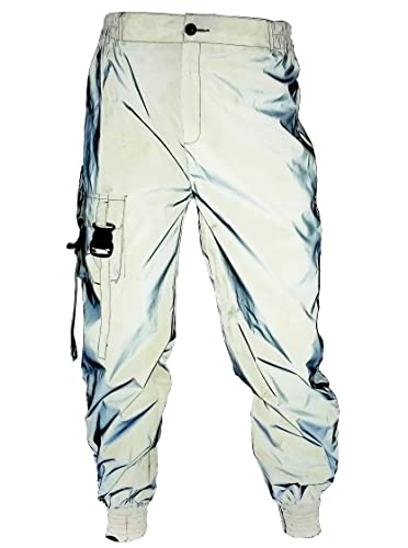 NewL Herren Reflektierende Hose mit atmungsaktivem seitlichem Reißverschluss Hohe Sichtbarkeit Rave holografische Hose, silber, S von NewL