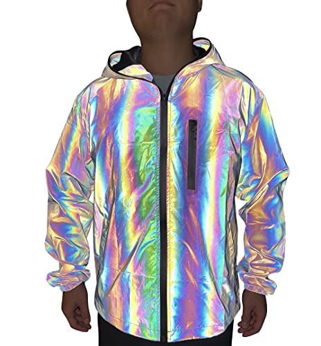 NewL Reflektierender Mantel für Herren, mit Kapuze, Windjacke, Regenbogenfarben, grau, M von NewL