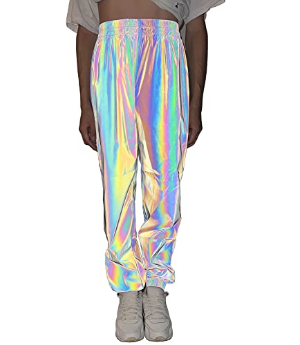 NewL Rainbow Reflektierende Hose Damen Marke Hip Hop Dance Fluoreszierende Hose Casual Harajuku Nacht Sport Jogger Hose Grau, grau, S von NewL