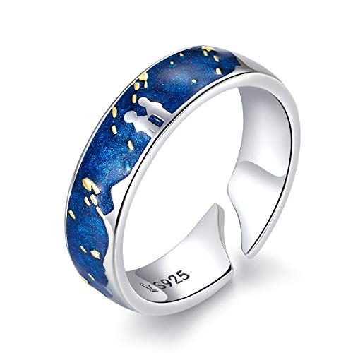 NewL Sterling Silber 925 Liebhaber Ringe für Paar Blau Sternenhimmel von Van Gogh Offener Finger Ring Design Schmuck Zubehör, Sterling Silber von NewL