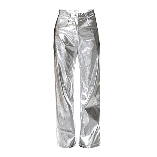 NewL Silberfarbene Metallic-Hose mit geradem Bein für Damen, hohe Taille, funkelnd, elastische Taille, Streetwear, Clubwear-Kostüme, Silber, L von NewL