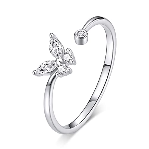 NewL Silberner Schmetterlings-Ring offener Ring trendiger Schmuck schillernder verstellbarer Ring Anillos für Mädchen Frauen Schmuck, Sterling Silber von NewL