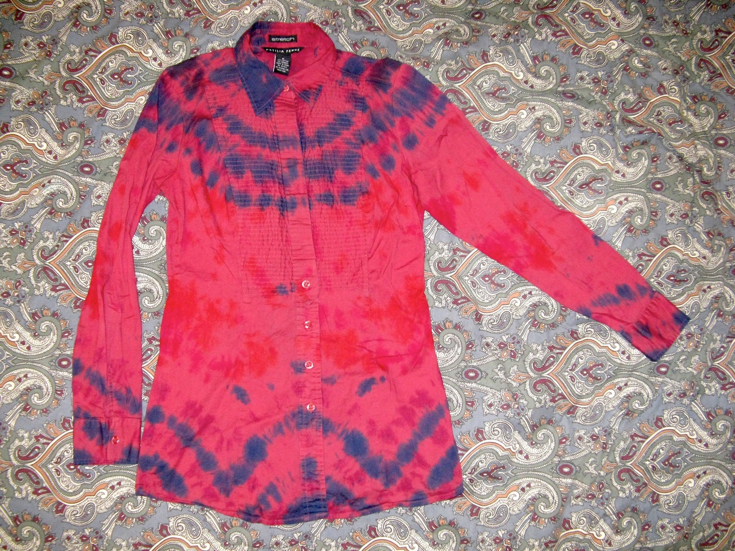 Krawattenhemd Langarm - Damen Mittelgroße Bluse Rot Lila Blau Gestreift von NewLifeForOldClothes
