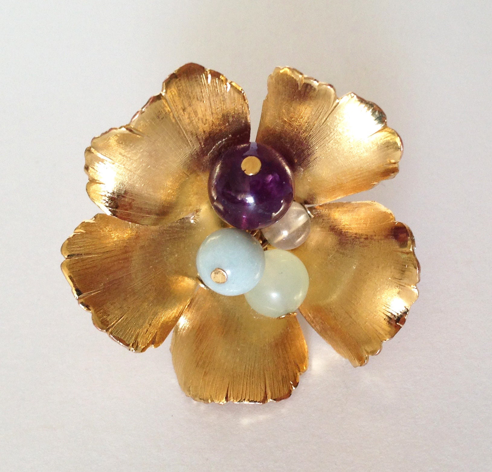 Vintage Blumen Ring 14K Vergoldet Amethyst Jade Achat Perlen Seltene Einzigartige Signiert Einstellbar von NewLookJewelryArt