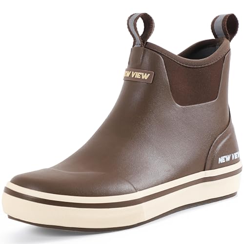 NewView Knöchelhohe 6-Zoll Decksstiefel für Herren, Rutschfeste Gummiboot-Stiefel Neopren Wasserdicht für Salzwasserangeln (Braun, Größe 12) von NewView
