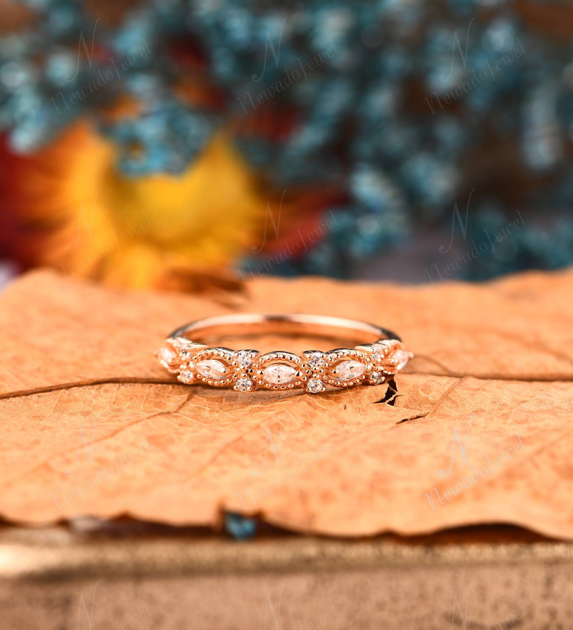 Einzigartiges Rosegold Band, Art Deco Stapelband, Moissanit Versprechensring, Vintage Diamant Jubiläumsring, Hochzeitsband Für Frauen von NewadoJewel